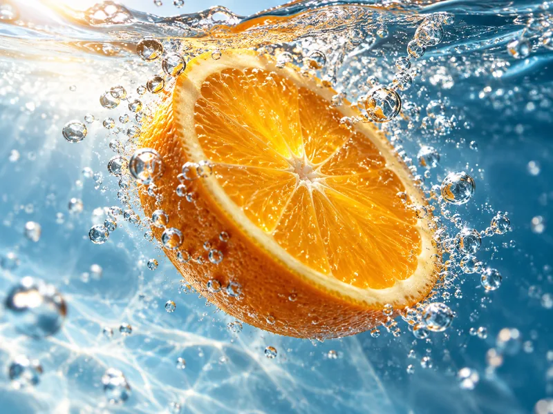 Долька апельсина в прозрачной воде с пузырьками